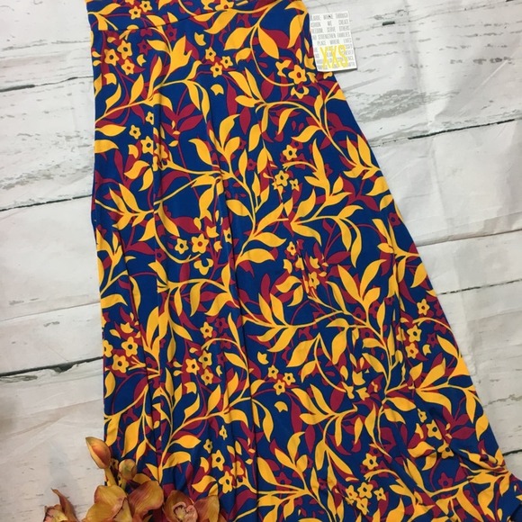 LuLaRoe Maxi Skirt Floral Botanical Print Blue Yellow Foldover Waist XXS NWT - Picture 1 of 2